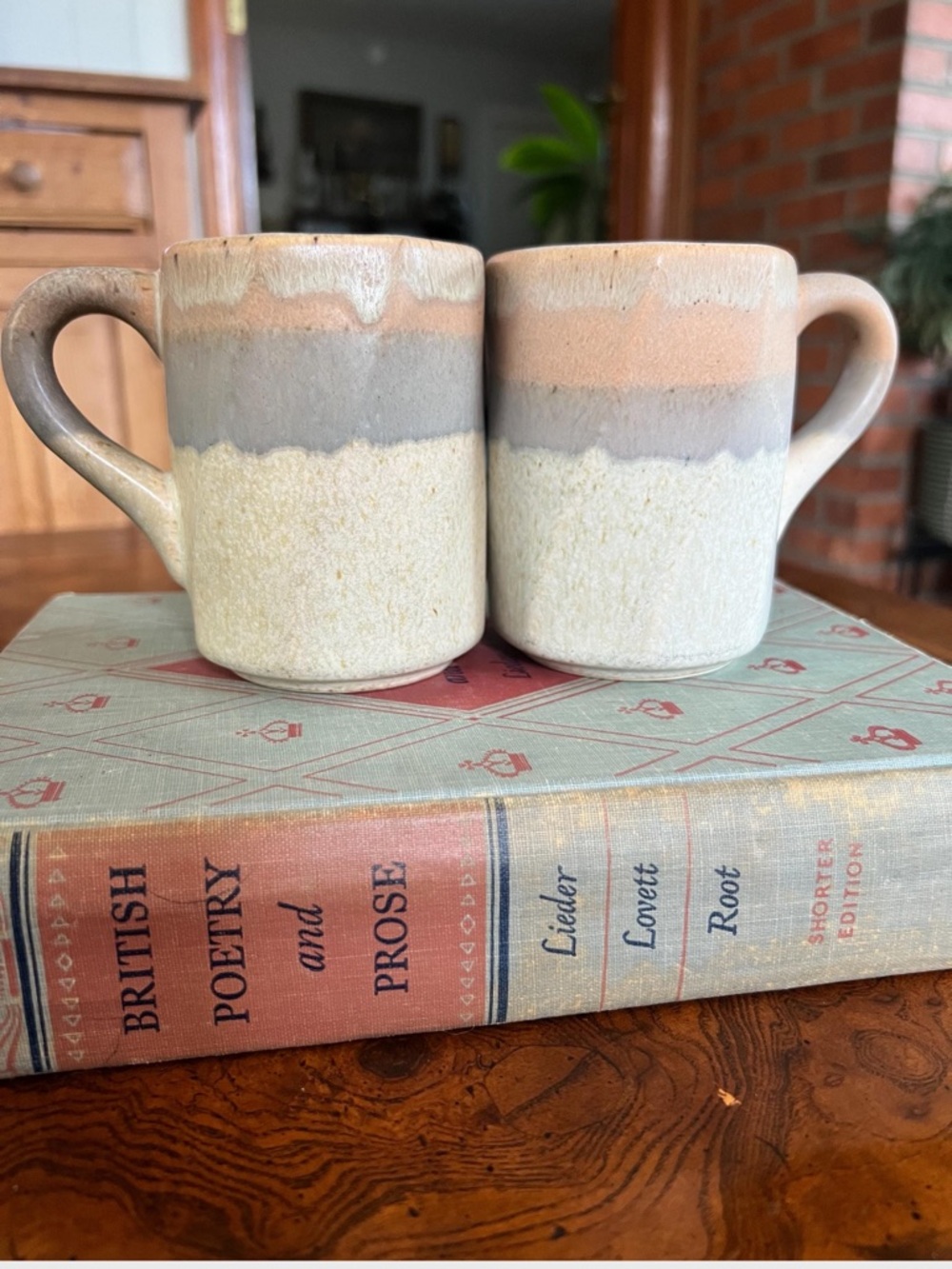 Handmade Ceramic Two-Tone Stoneware Mugs - Set of 2, Neutral Peach & Gray